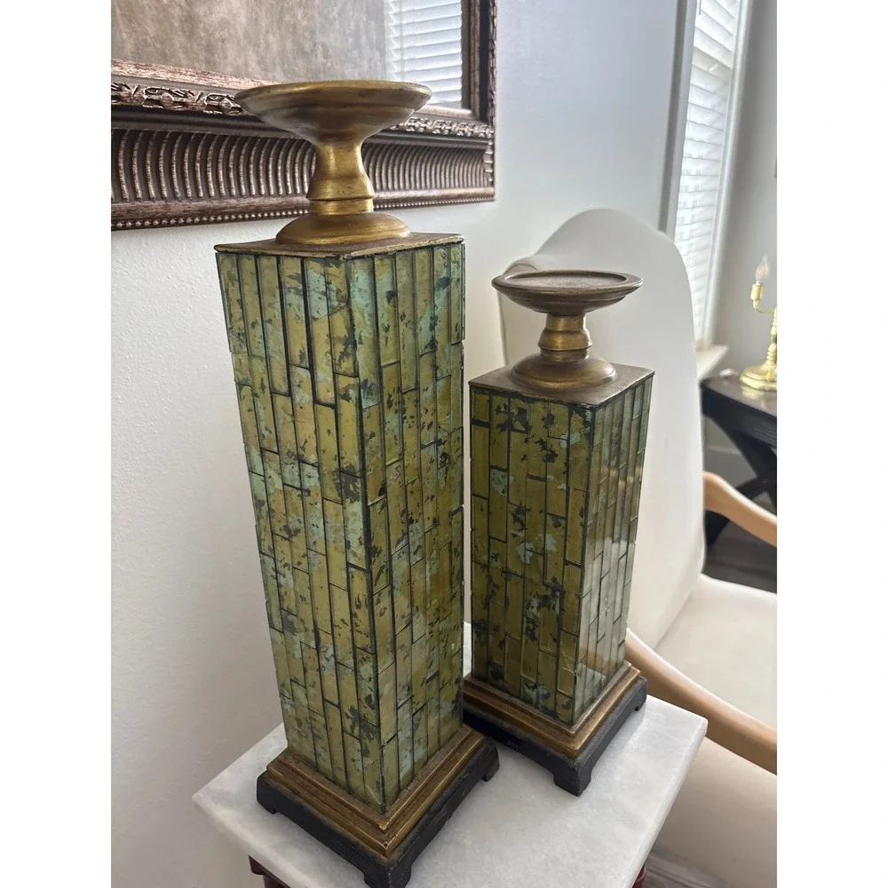 Vintage Pierre One Set of 2 Gold Verdigris Mirrored Mosaic Pillar Candle Holder
